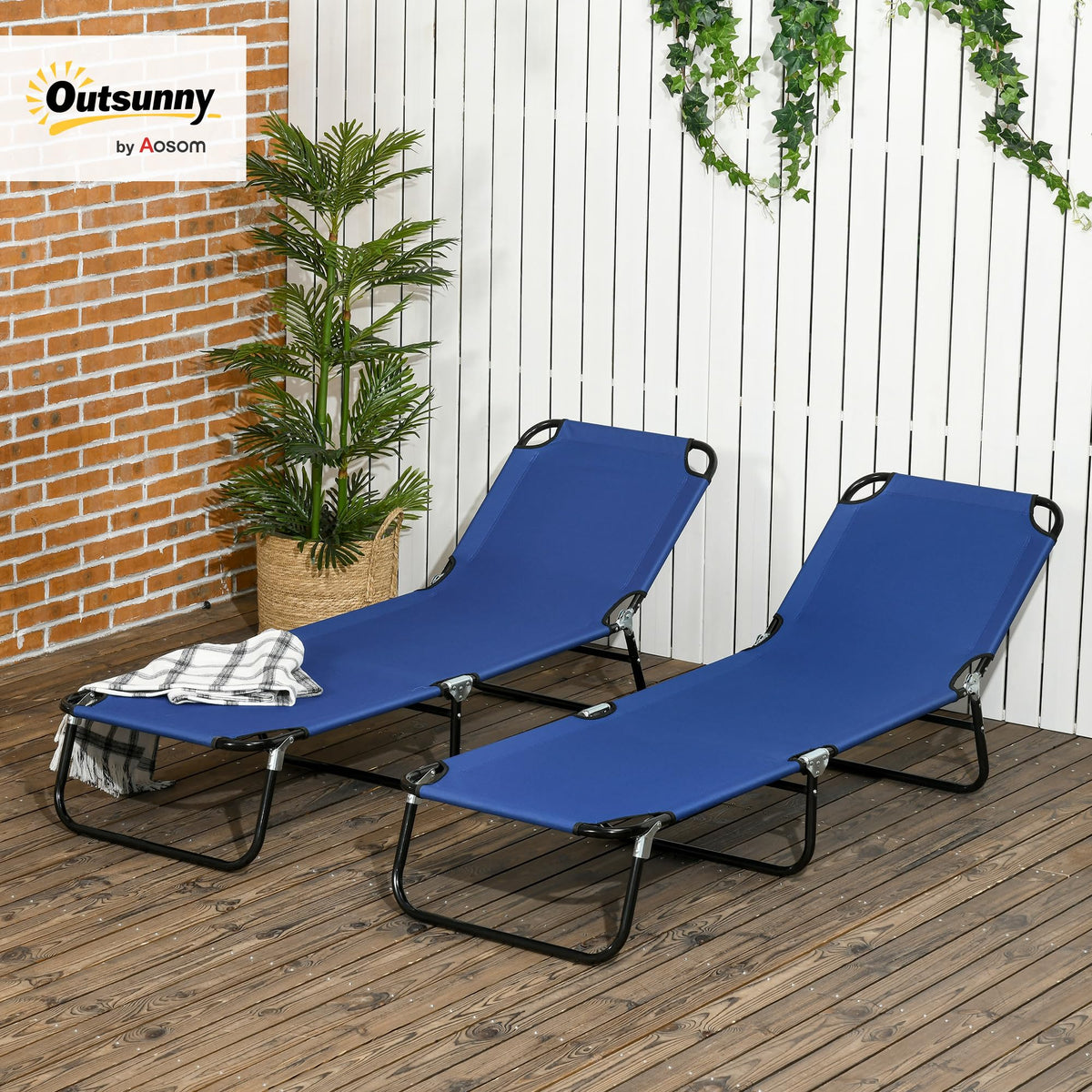 Blue 2 Pieces Folding Chaise Lounge Chair with 5-Level Back A6001