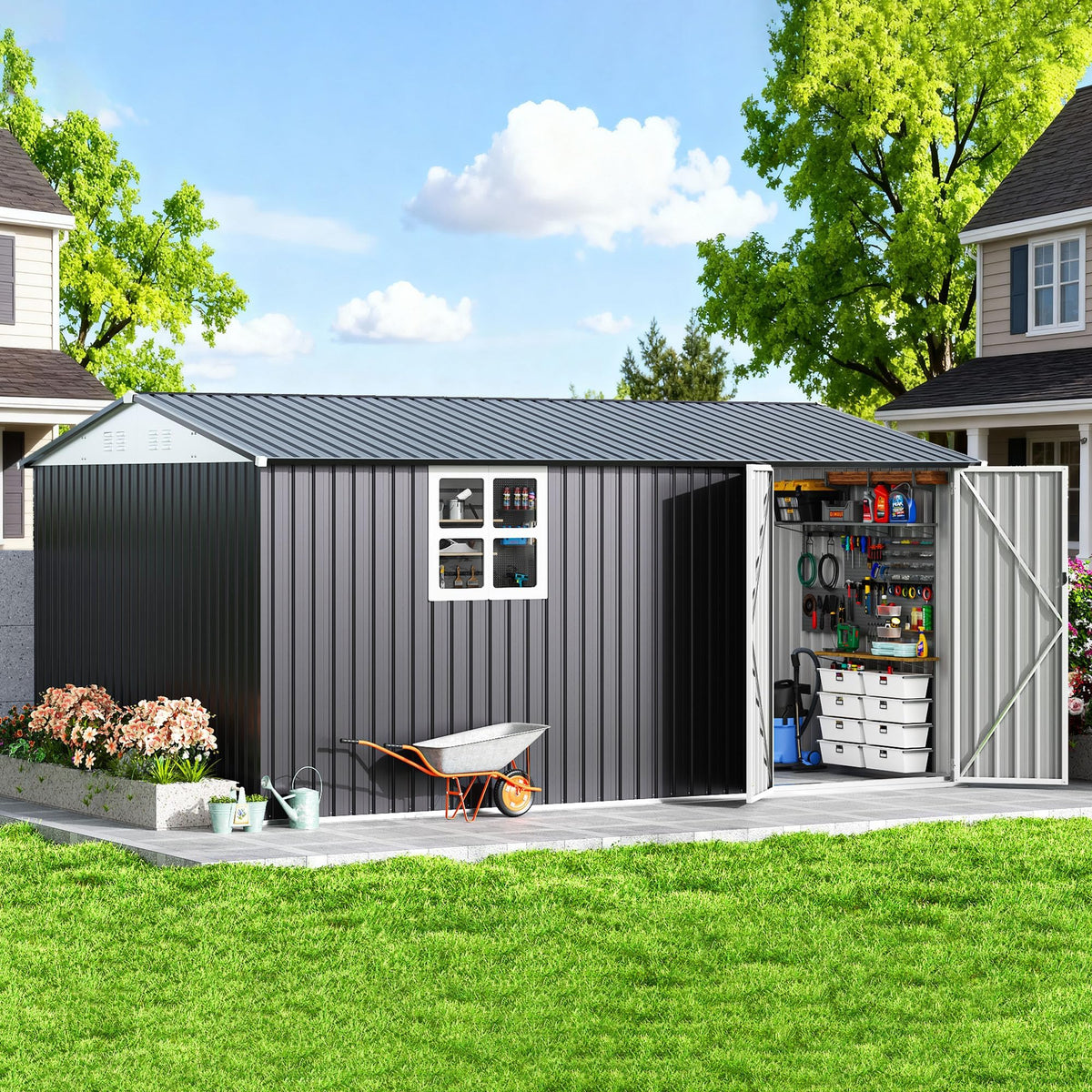 10X14 FT Metal Outdoor Storage Shed with Window, Black O9375