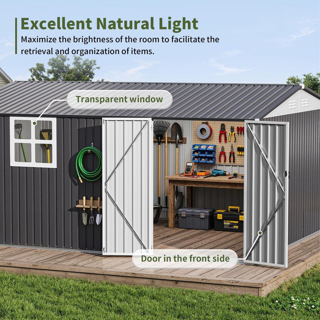 10X14 FT Metal Outdoor Storage Shed with Window, Black O9375