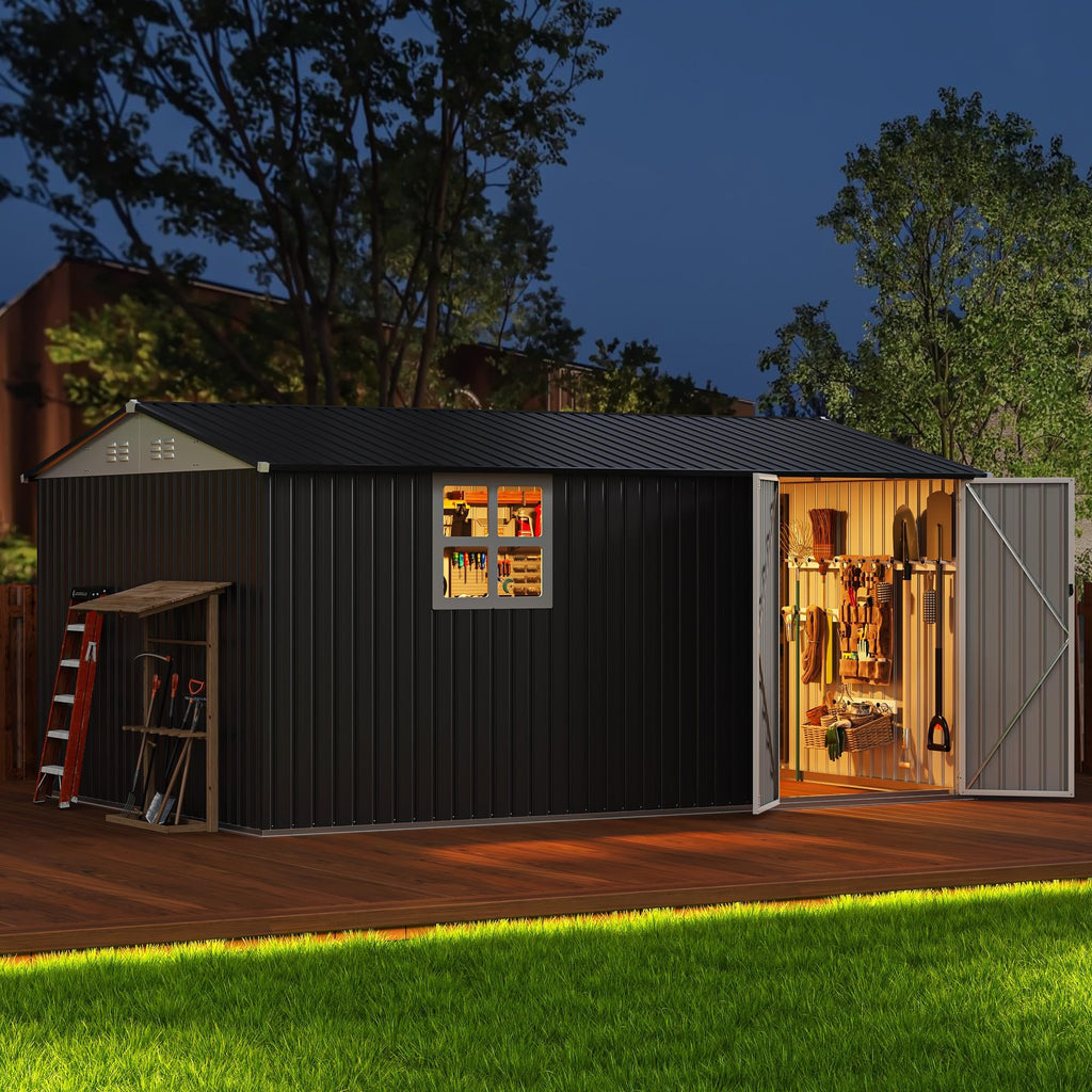 10X14 FT Metal Outdoor Storage Shed with Window, Black O9375