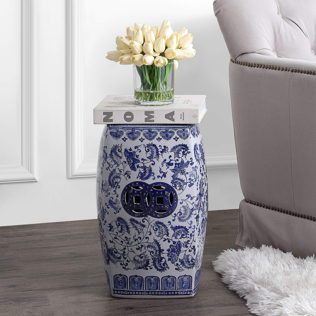 Blue White Ceramic Square Garden Stool J66872